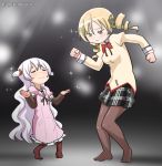  2girls abutomato blonde_hair bowtie dancing long_hair mahou_shoujo_madoka_magica mahou_shoujo_madoka_magica_movie momoe_nagisa multiple_girls pantyhose pulp_fiction school_uniform tomoe_mami twintails two_side_up white_hair 