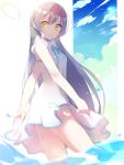  1girl atsumi_jun bangs bare_arms blush dress from_side long_hair looking_at_viewer love_live!_school_idol_project orange_eyes partially_submerged purple_hair skirt_hold sky sleeveless sleeveless_dress solo sonoda_umi sundress thighs very_long_hair wading water white_dress 