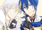  2boys black_gloves blue_eyes blue_hair gloves grin heart heart_hands heart_hands_duo japanese_clothes male_focus mikazuki_munechika multiple_boys nair partly_fingerless_gloves smile touken_ranbu tsurumaru_kuninaga white_hair yellow_eyes 