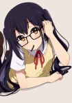  1girl arm_support bespectacled black_hair glasses hair_tucking k-on! lying nakano_azusa ogipote on_stomach pocky solo twintails yellow_eyes 