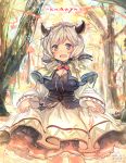  1girl artist_name autumn autumn_leaves bangs blush breasts capelet character_name cleavage cow_horns doraf dress forest granblue_fantasy green_eyes hair_tubes highres hood hood_down horns hunakaka_(you2662eternity) kumuyu large_breasts leaf leaf_on_head long_hair long_sleeves looking_at_viewer low_twintails maple_leaf nature nose_blush open_mouth outdoors partially_submerged petticoat signature silver_hair skirt_hold solo tree twintails wading water 