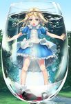  1girl apron blonde_hair blush bubble commentary_request cup dress drinking_glass green_eyes highres in_container in_cup long_hair mary_janes minigirl open_mouth original puffy_sleeves shoes short_sleeves socks sody solo submerged underwater water white_legwear 