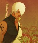  1boy dark_skin darui hair_over_one_eye katana naruto naruto_shippuuden nigella.a solo sword tattoo weapon white_hair 