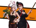  2girls absurdres alternate_costume artist_name bare_shoulders battle_bunny_riven bespectacled black_hair blue_eyes breasts broken broken_sword broken_weapon bunny_girl bunnysuit destiny_yama fiora_laurent glasses hair_over_one_eye hair_up headmistress_fiora highres large_breasts league_of_legends lips lipstick looking_at_viewer makeup multicolored_hair multiple_girls pantyhose parted_lips redhead riven_(league_of_legends) short_hair silver_hair sword weapon yellow_eyes 