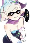  +_+ 1girl black_dress breasts cleavage detached_collar dress gloves grin hat highres hotaru_(splatoon) iro_(irori0) looking_at_viewer mole mole_under_eye pointy_ears short_hair smile solo splatoon symbol-shaped_pupils translation_request white_gloves white_hair 