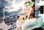  1girl bangs blurry bokeh building city cityscape clouds depth_of_field dutch_angle eyebrows eyebrows_visible_through_hair flying_paper goggles goggles_on_head green_eyes green_hair guitar gumi hand_on_own_head instrument lace lens_flare nogimomo paper parted_lips short_hair sky sleeveless solo tower vocaloid wind 