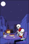  androgynous animated animated_gif bone bucket building capelet christian_john_sanchez eating frisk_(undertale) full_moon gloves lady_and_the_tramp moon papyrus_(undertale) parody pixel_art plate red_gloves sitting skeleton spaghetti sparkle star_(sky) table undertale 