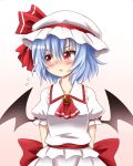  1girl arms_behind_back ascot bat_wings blue_hair blush brooch dress embarrassed flying_sweatdrops hachimi hat hat_ribbon highres jewelry looking_away mob_cap open_mouth puffy_short_sleeves puffy_sleeves red_eyes remilia_scarlet ribbon sash short_sleeves solo touhou white_dress wings 