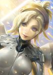  1girl artist_name blonde_hair blue_eyes breasts face light_smile lips long_hair mechanical_halo mercy_(overwatch) overwatch signature sinobilante solo watermark 