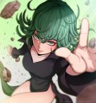 1girl blurry breasts cleavage depth_of_field green_eyes green_hair lips long_hair looking_at_viewer magion02 onepunch_man smile solo tatsumaki thighs 