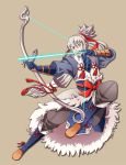  1boy arrow bow_(weapon) brown_background fire_emblem fire_emblem_if gloves grey_hair long_hair nostalish open_mouth orange_eyes ponytail simple_background solo takumi_(fire_emblem_if) weapon 
