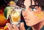  2boys :/ alcohol blonde_hair brown_hair caesar_anthonio_zeppeli drink english food fruit glass green_eyes hat holding_cup jojo_no_kimyou_na_bouken joseph_joestar_(young) ky_(ssswonderful) lime_(fruit) male_focus multiple_boys top_hat winged_hair_ornament 
