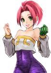  1girl :d bare_shoulders breasts clenched_hands cowboy_shot crop_top crop_top_overhang detached_sleeves gauntlets gem green_eyes hands_up happy high_ponytail hips legaia_densetsu looking_at_viewer noa_(legaia_densetsu) nyantiu open_mouth pink_hair ponytail short_hair short_ponytail simple_background single_gauntlet small_breasts smile solo strapless teeth termah_(legaia_densetsu) tiger_print tubetop unitard white_background 