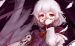  1girl albino angel_wings dress feathers hand_to_own_mouth hoshibuchi jacket kishin_sagume long_sleeves looking_at_viewer off_shoulder open_clothes open_jacket purple_dress red_eyes silver_hair single_wing solo touhou white_hair wings 