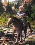  1girl animal blonde_hair blue_eyes capelet hat highres horse horseback_riding jumpei99 original outdoors riding scenery solo tree 