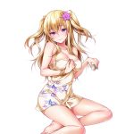  1girl akira_(natsumemo) blonde_hair blue_eyes blush bracelet breasts choko_(cup) cleavage covered_navel fingernails flower groin hair_flower hair_ornament head_tilt jewelry large_breasts light_smile long_hair looking_at_viewer nail_polish naked_towel simple_background skindentation solo taut_clothes towel tsurime two_side_up white_background wide_hips 
