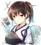  1girl :&lt; arrow artist_name blue_ribbon blush brown_eyes brown_hair collarbone dated dougi flight_deck hair_tie hario_4 japanese_clothes kaga_(kantai_collection) kantai_collection light_particles looking_at_viewer machinery muneate ribbon short_hair side_ponytail simple_background solo twitter_username upper_body white_background 