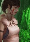  1girl alternate_hair_length alternate_hairstyle armband brown_hair earrings facial_mark forest fur jewelry mononoke_hime nature pale_skin profile san short_hair tree zakusi 