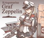  1girl blonde_hair breast_hold breasts capelet character_name covered_nipples flight_deck graf_zeppelin_(kantai_collection) grey_eyes hair_between_eyes hair_over_one_eye hat highres impossible_clothes iron_cross kantai_collection large_breasts light_smile looking_at_viewer machinery military military_hat military_uniform necktie oku_tamatarou peaked_cap remodel_(kantai_collection) sidelocks smile smirk solo twintails uniform 