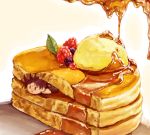  1boy blueberry butter chibi dripping food frown fruit jojo_no_kimyou_na_bouken joseph_joestar_(young) ky_(ssswonderful) leaf male_focus pancake purple_hair raspberry sandwiched solo syrup 