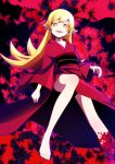  1girl barefoot blonde_hair highres japanese_clothes kimono long_hair mari_(marimaripink) monogatari_(series) oshino_shinobu yellow_eyes 