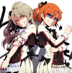  2girls back-to-back blue_eyes brown_hair collaboration evil_grin evil_smile grey_hair grin jpeg_artifacts kakutasu kousaka_honoka looking_at_viewer love_live!_school_idol_project minami_kotori multiple_girls ogipote one_side_up orange_eyes orange_hair side_ponytail smile sore_wa_bokutachi_no_kiseki tagme 