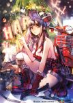  1girl black_hair boots breasts christmas_tree cleavage hat isaac_hein_iii kneeling long_hair looking_at_viewer motor_vehicle motorcycle no_bra overalls parted_lips qurare_magic_library sideboob solo thigh-highs v vehicle violet_eyes white_legwear wrench 