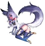  1girl animal_ears ass blue_eyes bow ddongu dress elbow_gloves elin_(tera) fox_ears fox_tail frilled_dress frills gloves hair_bow long_hair panties solo symbol-shaped_pupils tail thigh-highs transparent_background underwear white_hair 
