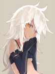  1girl ahoge bare_shoulders black_gloves blush breasts brown_eyes elbow_gloves gloves long_hair looking_at_viewer mazonano messy_hair open_mouth original silver_hair simple_background solo under_boob 