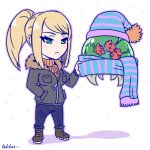  1girl akairiot alien beanie blonde_hair blue_eyes chibi coat commentary floating hand_in_pocket hat long_hair metroid metroid_(creature) mole mole_under_mouth ponytail ribbed_sweater samus_aran scarf snow sweater tsurime turtleneck winter_clothes winter_coat 