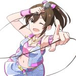  1girl ;d belt blue_eyes brown_hair collarbone commentary_request hair_ribbon holding_microphone idolmaster idolmaster_million_live! ikuwataru_nagomi jewelry looking_at_viewer midriff navel necklace one_eye_closed open_mouth pink_ribbon pointing pointing_at_viewer ribbon satake_minako smile solo white_background wrist_cuffs 