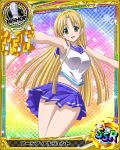  1girl ahoge asia_argento bishop_(chess) blonde_hair blue_skirt card_(medium) character_name cheerleader chess_piece green_eyes high_school_dxd long_hair looking_at_viewer navel open_mouth pleated_skirt skirt solo 