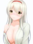 1girl bangs bare_shoulders blush breasts cleavage closed_mouth collarbone eyebrows eyebrows_visible_through_hair eyes_visible_through_hair gengodou hairband japanese_clothes kantai_collection long_hair loose_shirt off_shoulder shirt shoukaku_(kantai_collection) silver_hair simple_background smile solo upper_body white_background yellow_eyes 