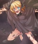  1girl blonde_hair blue_eyes cloak collar commentary dragon_girl dragon_horns edna_(tales) fangs horns jumping naked_cloak open_mouth saliva scales short_hair slit_pupils solo tales_of_(series) tales_of_zestiria tusia what_if 