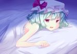 1girl :d bed blanket blue_hair blush chemise come_hither commentary_request hat hifumiyo looking_at_viewer mob_cap open_mouth pillow red_eyes remilia_scarlet seductive_smile short_hair smile solo touhou tsurime 