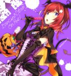  1girl artist_name bat_hair_ornament bat_wings black_gloves candy cape cross demon_tail eating elbow_gloves english frills gloves hair_ornament halloween hario_4 looking_at_viewer love_live!_school_idol_project nishikino_maki open_mouth pumpkin redhead ruffled_dress short_hair small_breasts solo splatter tail tongue tongue_out twitter_username upper_body violet_eyes wings 