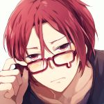  1boy adjusting_glasses closed_mouth collarbone face fake_tears free! frown glasses hair_between_eyes male_focus matsuoka_rin mukkun red-framed_glasses red_eyes redhead short_hair simple_background solo teardrop-framed_glasses white_background 