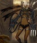  1girl android armor bag bangs belt black_scarf black_shorts blue_eyes boots buckle cable claw_(weapon) covered_mouth cross-laced_footwear dark_skin facial_mark hair_between_eyes hair_ornament hairclip highres lace-up_boots looking_at_viewer mechanical_arm navel no_shirt original scarf short_hair shorts shrimp_platter snoke solo steampunk thigh_strap torn_scarf weapon white_hair 
