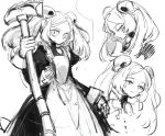  1girl amulet apron bloody_marie_(skullgirls) character_sheet commentary_request greyscale hair_ornament half-closed_eyes looking_at_viewer maid monochrome notoro short_hair silver_hair sketch skull skull_hair_ornament skullgirls solo twintails vacuum_cleaner white_background 