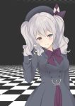  1girl alternate_costume beret breasts checkered checkered_floor grey_eyes grey_hair hand_in_hair hat jacket kantai_collection kashima_(kantai_collection) large_breasts looking_at_viewer mimamui sidelocks smile solo twintails wavy_hair winter_clothes 