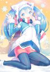  1girl :d argyle black_legwear blue_eyes blue_hair blush buttons fur_trim hand_on_own_cheek hat hatsune_miku jacket legwear_under_shorts long_hair looking_at_viewer open_mouth pantyhose pom_pom_(clothes) round_teeth saban scarf short_shorts shorts sitting smile snowflakes solo striped striped_legwear striped_scarf teeth twintails vertical-striped_legwear vertical_stripes very_long_hair vocaloid waving yokozuwari yuki_miku 