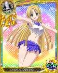  1girl ahoge asia_argento bishop_(chess) blonde_hair blue_skirt card_(medium) character_name cheerleader chess_piece green_eyes high_school_dxd long_hair looking_at_viewer navel open_mouth pleated_skirt skirt solo torn_clothes torn_skirt 