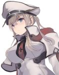  1girl blonde_hair capelet commentary_request cross dyson_(edaokunnsaikouya) graf_zeppelin_(kantai_collection) grey_eyes hair_between_eyes hat jacket kantai_collection necktie peaked_cap sidelocks solo tsurime twintails 