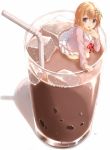  1girl :d bangs blush brown_hair chocolate cup drinking_glass drinking_straw dripping eyebrows flower from_above glass gochuumon_wa_usagi_desu_ka? hair_between_eyes hair_flower hair_ornament hairclip hoto_cocoa ice_cube in_container kyuuma_(shimashima521) long_sleeves looking_at_viewer minigirl miniskirt neck_ribbon open_mouth oversized_object partially_submerged pleated_skirt red_ribbon ribbon school_uniform shadow short_hair simple_background skirt smile solo violet_eyes water_drop white_background white_skirt 