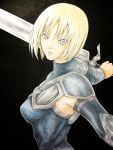  1girl armor armpits black_background blonde_hair buckle clare_(claymore) claymore colored_pencil_(medium) grey_eyes highres leather pauldrons short_hair solo traditional_media 