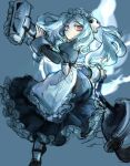  1girl apron bloody_marie_(skullgirls) blue_background blue_fire commentary_request fire hair_ornament holding looking_at_viewer maid maid_headdress mary_janes notoro red_eyes shoes silver_hair skull skullgirls solo teeth twintails vacuum_cleaner 