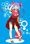  1girl :d alternate_costume casual hair_ribbon i-19_(kantai_collection) kantai_collection long_hair looking_at_viewer open_mouth purple_hair red_eyes ribbon smile solo suetake_(kinrui) tri_tails 