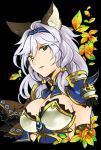  1girl animal_ears bangs black_background breasts cat_ears cleavage erun_(granblue_fantasy) granblue_fantasy hair_between_eyes hair_tubes hairband heles large_breasts leaf long_hair parted_lips shoulder_pads sig_(83) silver_hair simple_background solo spikes upper_body yellow_eyes 
