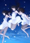  3girls bon_nob brown_hair dress holding_hands honda_mio idolmaster idolmaster_cinderella_girls jumping long_hair multiple_girls night night_sky open_mouth petals shibuya_rin shimamura_uzuki shine!! short_hair sky smile star_(sky) white_dress 