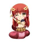  1girl ;) animal_ears belt butter-t character_doll chibi doll_hug fork hair_ornament hairclip kurusu_kimihito lamia long_hair looking_at_viewer miia_(monster_musume) monster_girl monster_musume_no_iru_nichijou navel one_eye_closed plaid plaid_skirt redhead shirt skirt smile solo tied_shirt yellow_eyes 